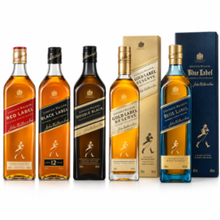 Johnnie Walker Red, Black, Double Black, Gold and Blue Label whisky bottles