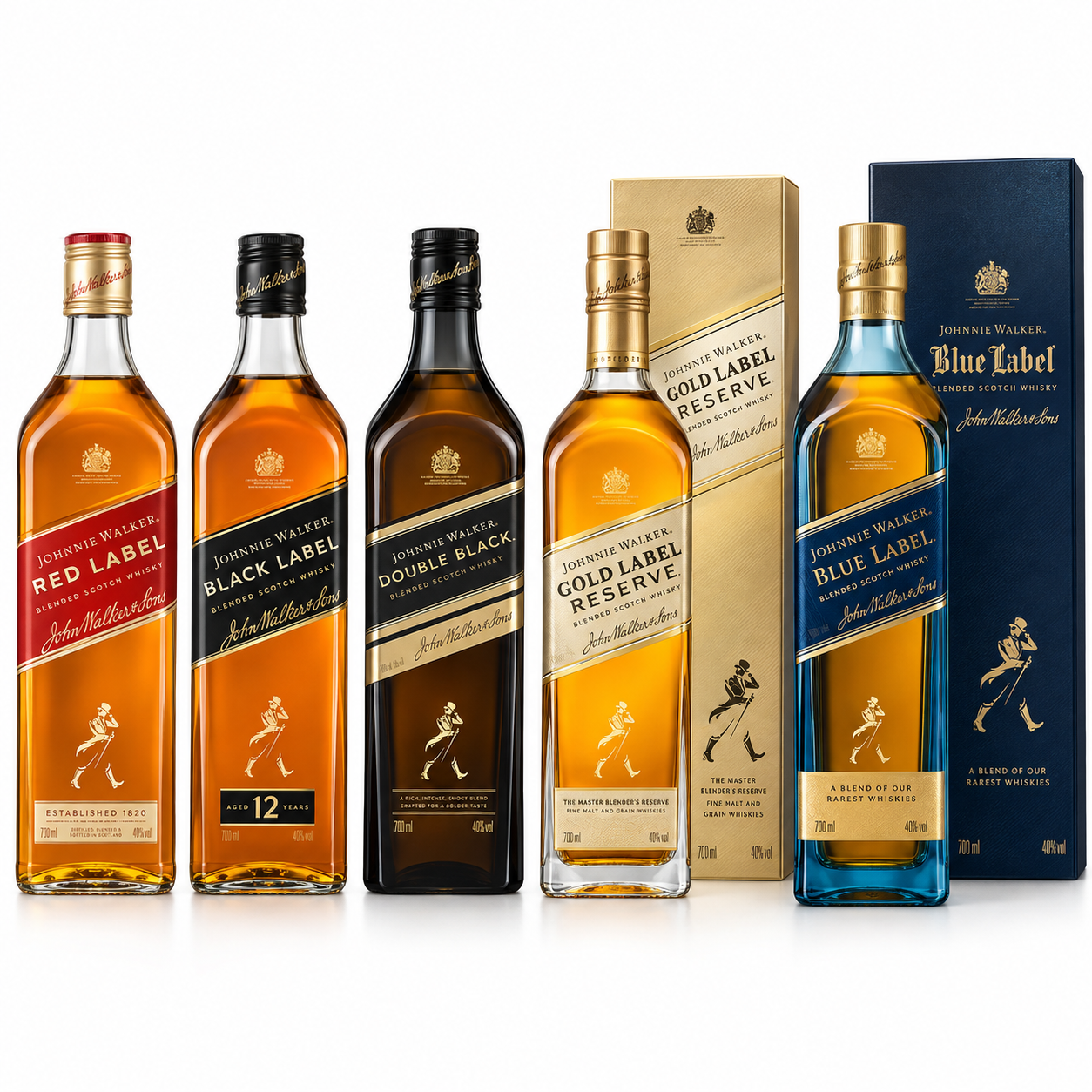 Johnnie Walker Red, Black, Double Black, Gold and Blue Label whisky bottles Johnnie Walker Red, Black, Double Black, Gold and Blue Label whisky bottles