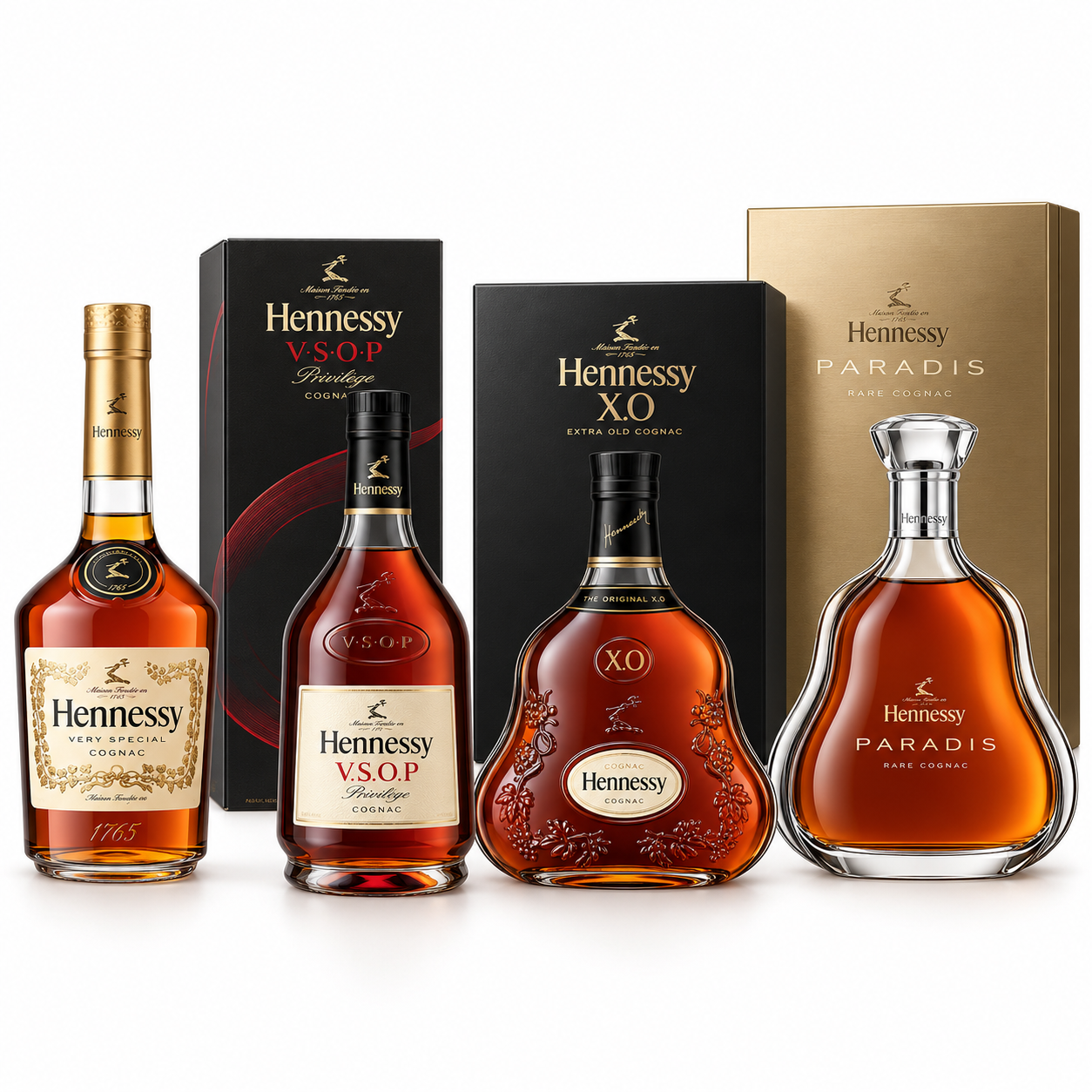 Hennessy VS, VSOP, XO and Paradis Cognac bottles Hennessy VS, VSOP, XO and Paradis Cognac bottles