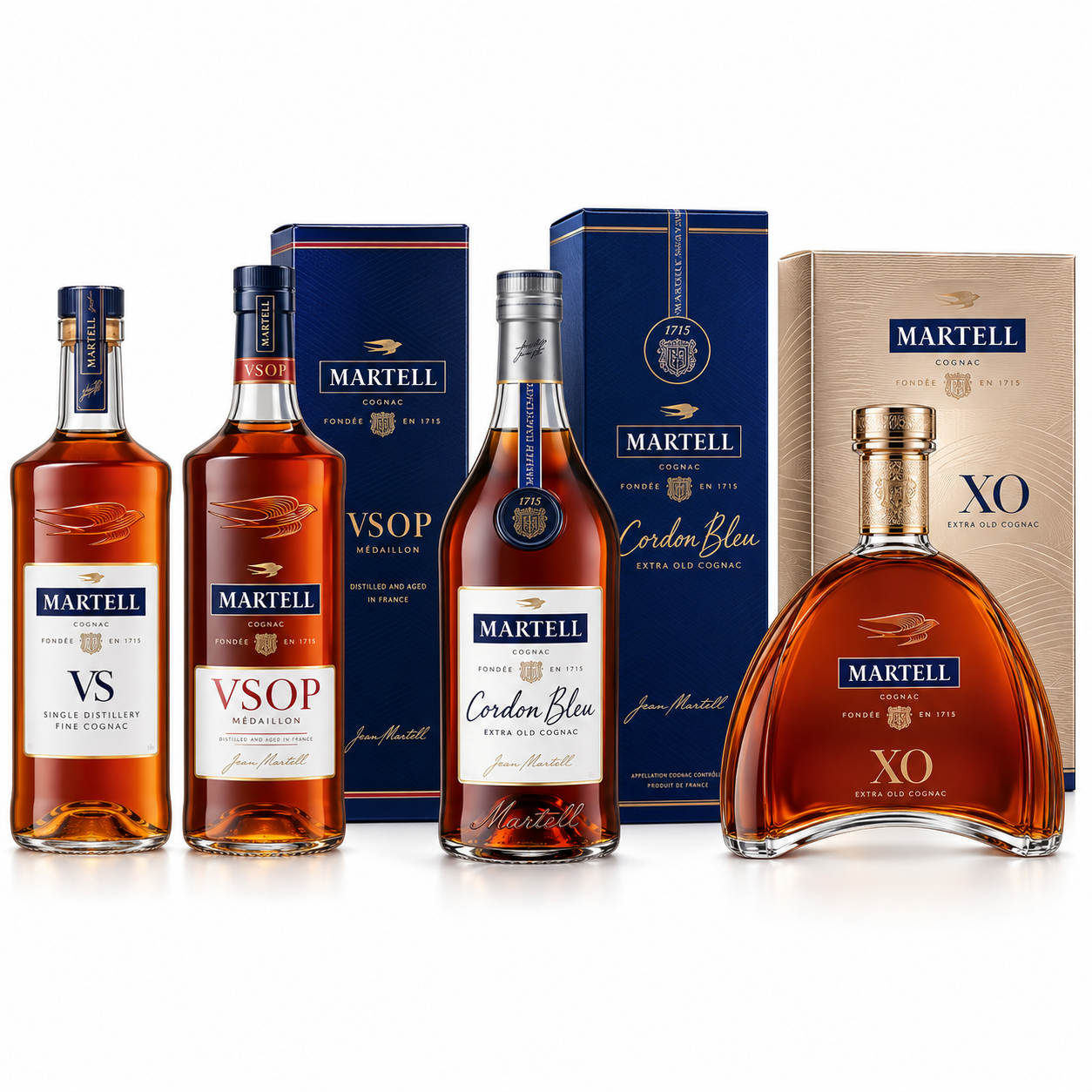 Martell VS, VSOP, Cordon Bleu and XO Cognac bottles Martell VS, VSOP, Cordon Bleu and XO Cognac bottles
