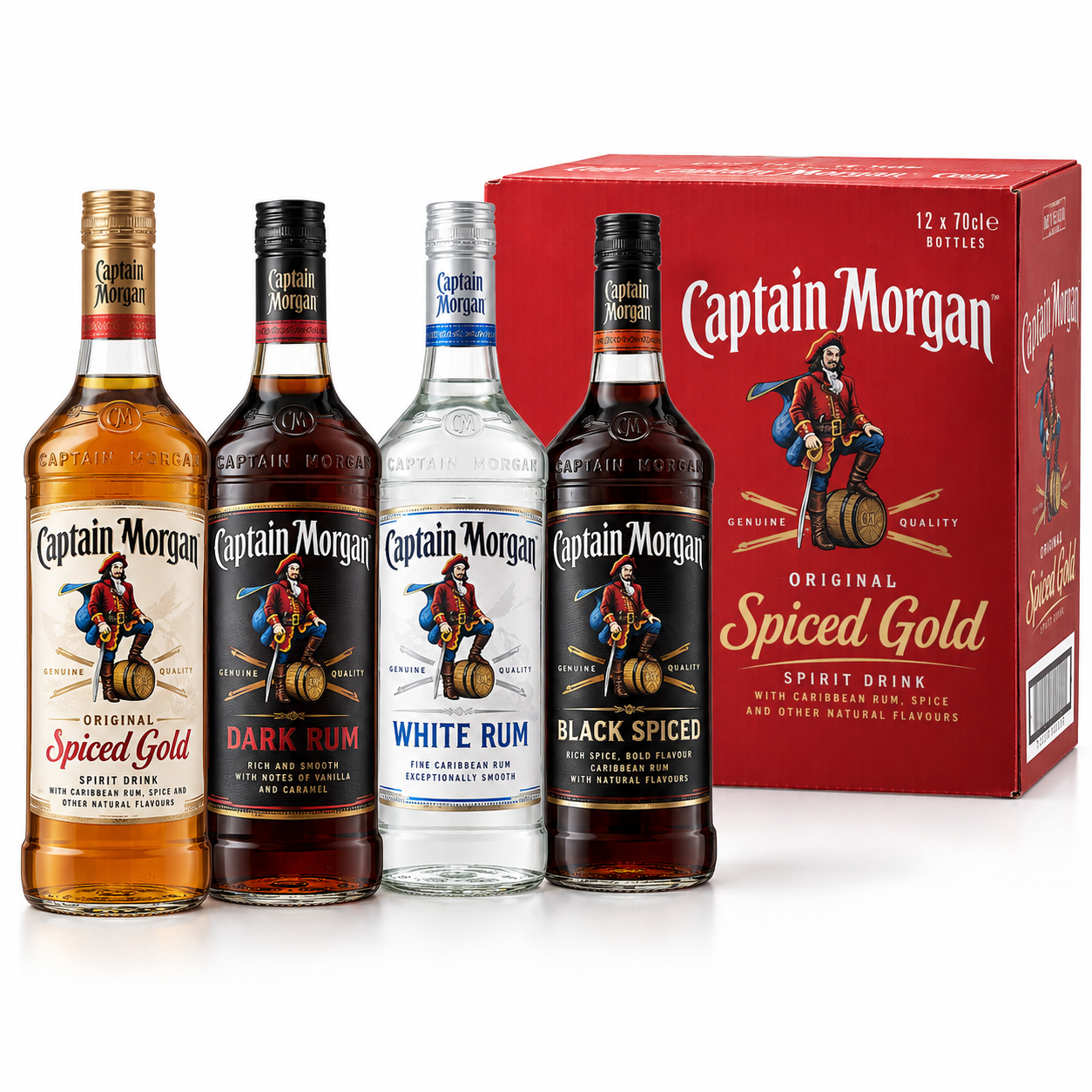 Captain Morgan Spiced Gold, Dark, White and Black Spiced rum bottles Captain Morgan Spiced Gold, Dark, White and Black Spiced rum bottles